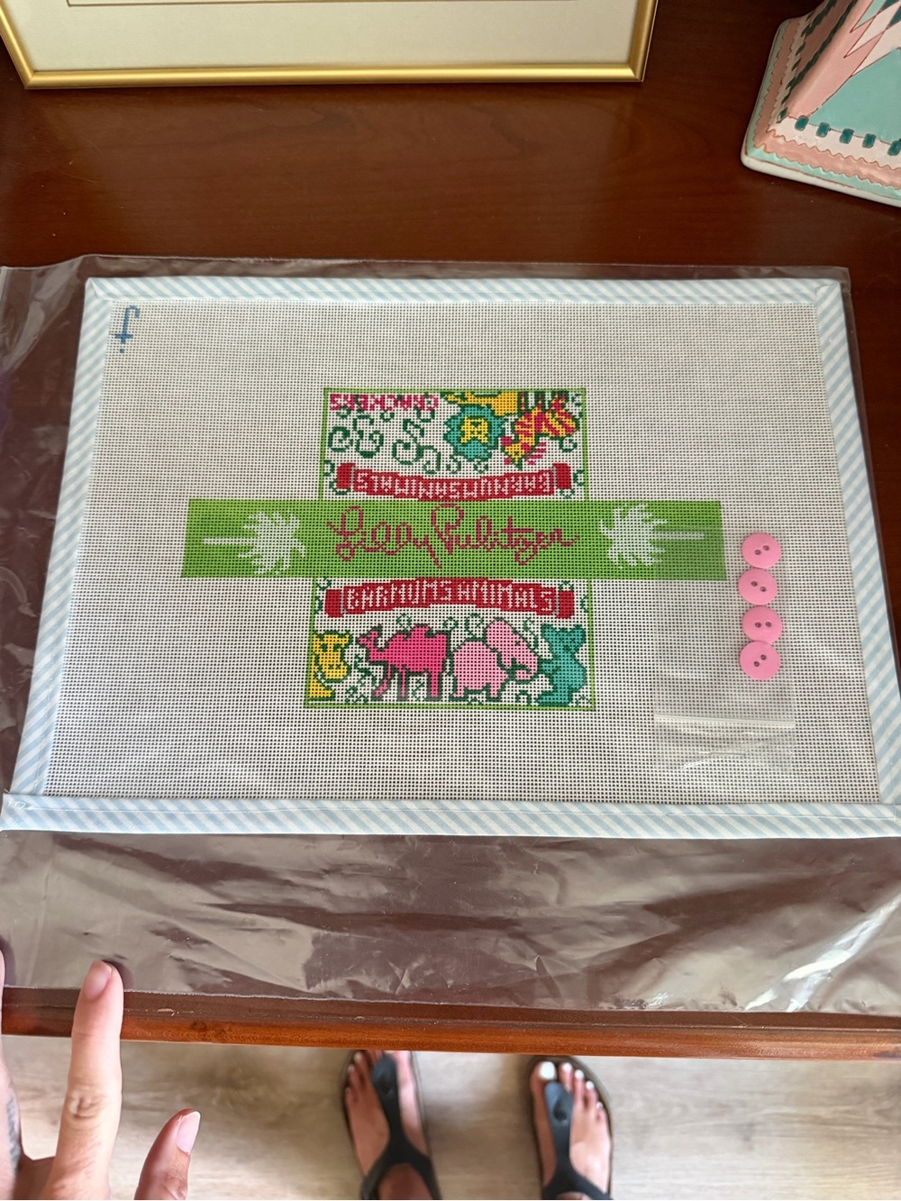 Lilly Pulitzer Pink & Green Canvas Needlepoint Accent